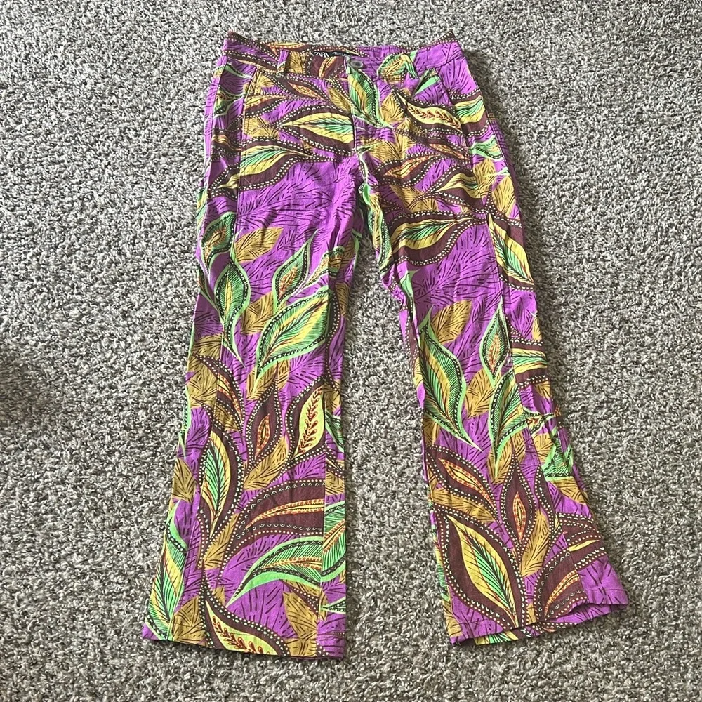 Zara Purple Leaf-Print Flared linen Pants S